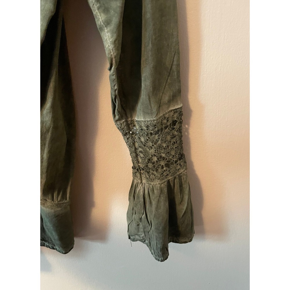Cato Olive Green Boho Pintuck Lace Bell Sleeve Blouse Lg Peasant Cottagecore - Picture 4 of 12